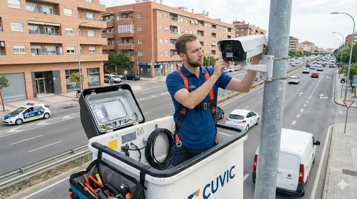 Técnico CUVIC instalando cámara de videovigilancia en vía pública
