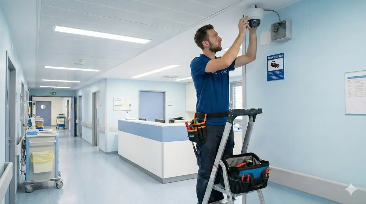 Técnico CUVIC instalando cámara de seguridad en hospital