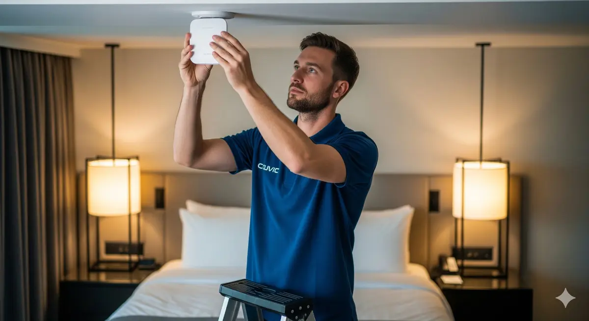 Técnico CUVIC instalando punto de acceso Wi-Fi en habitación de hotel