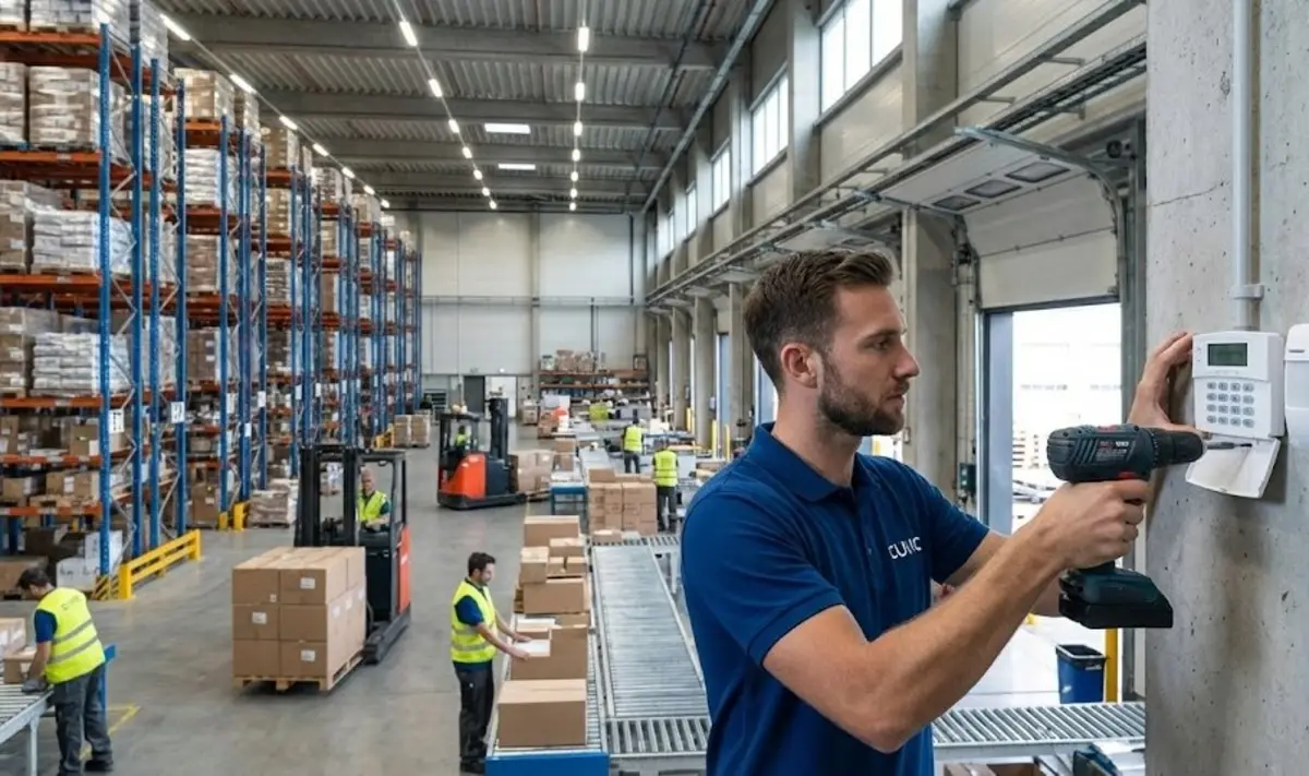Técnico CUVIC instalando sistema de alarma en nave logística