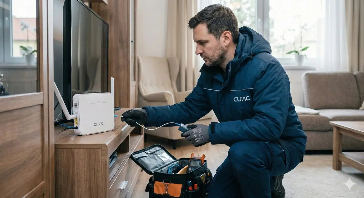 Técnico CUVIC instalando terminal de fibra óptica FTTH en vivienda