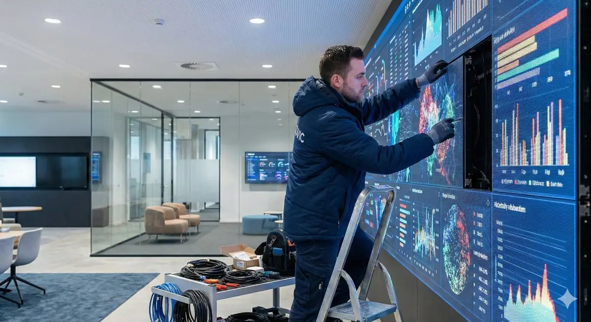 Técnico CUVIC instalando videowall en entorno corporativo