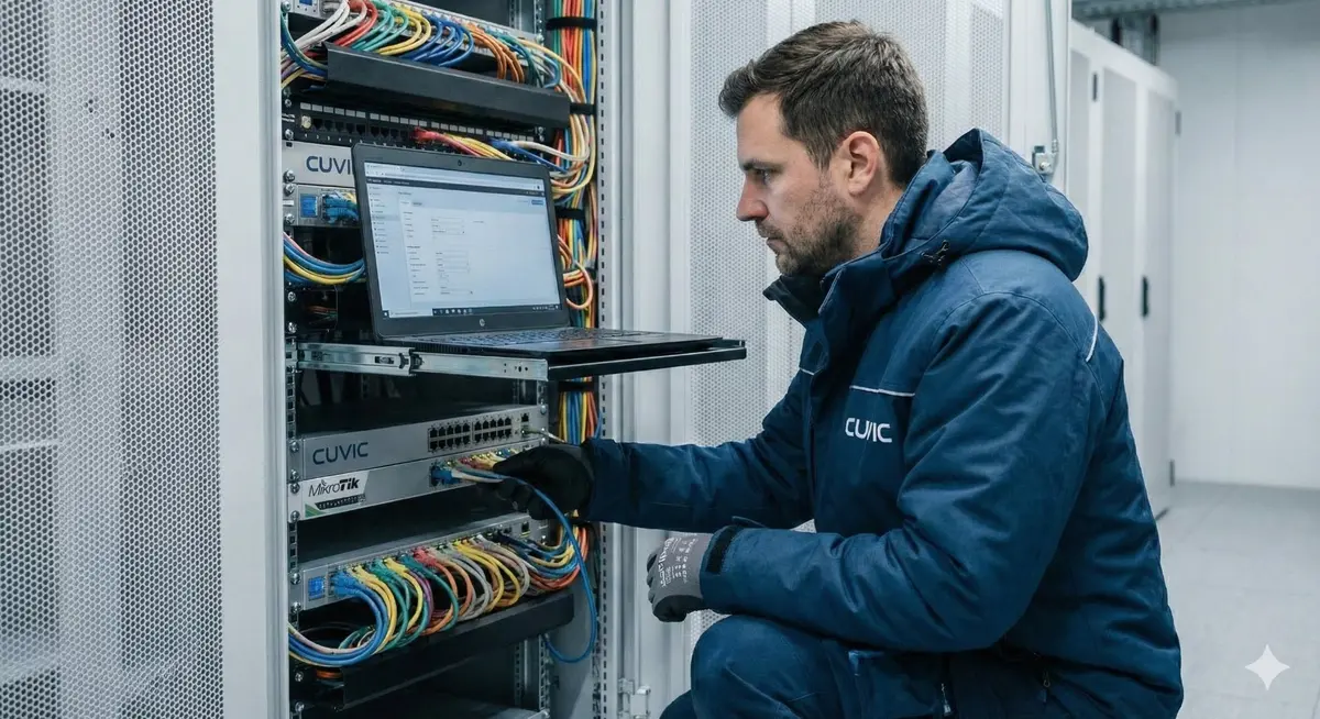 Técnico CUVIC configurando firewall MikroTik en CPD