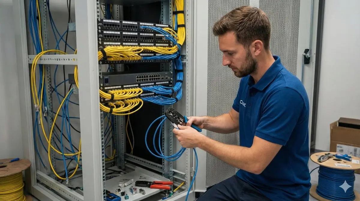Técnico CUVIC trabajando en rack de cableado estructurado