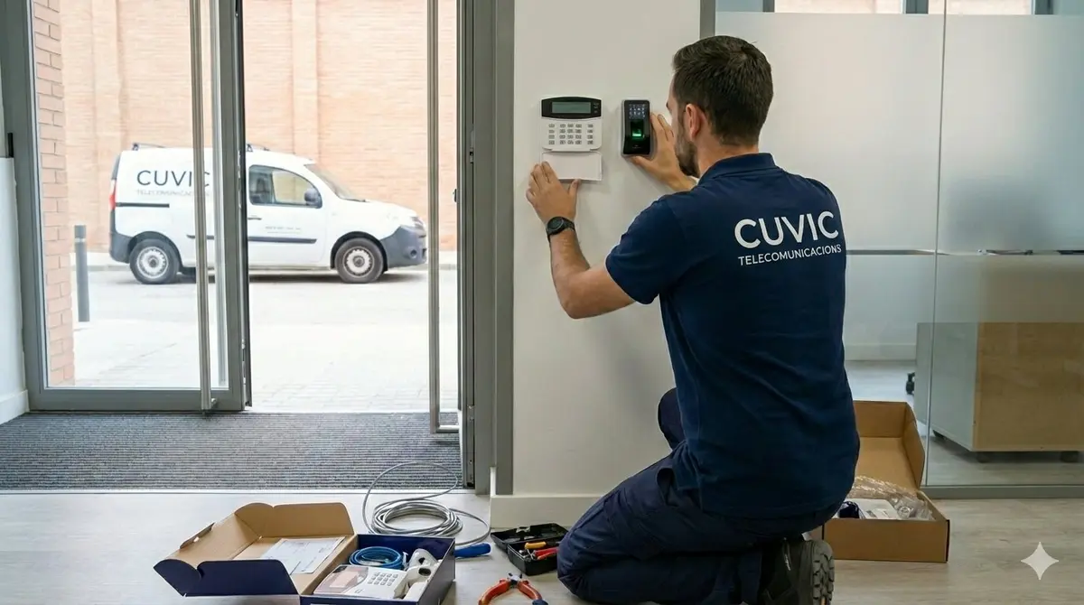 Técnico CUVIC instalando sistema de alarma y control de accesos
